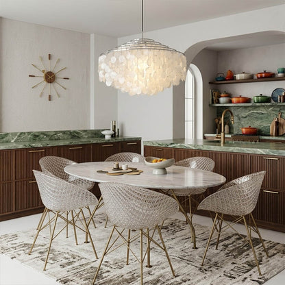 Laguna Gold 39 inch FUN DM tiered shell chandelier grand dining 10 seater coastal mansion Mid Century designer warm glow Hampton lifestyle interior
