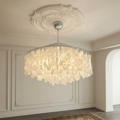 Laguna Chrome 28 inch FUN DM tiered shell pendant modern coastal living room Mid Century designer minimalist warm glow lifestyle interior