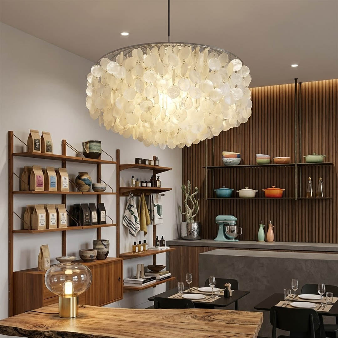Laguna Gold 39 inch FUN DM tiered shell chandelier grand dining 10 seater coastal mansion Mid Century designer warm glow Hampton lifestyle interior