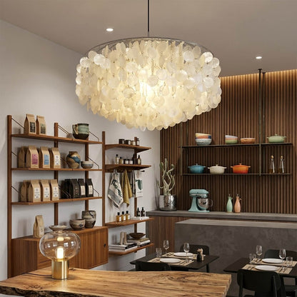 Laguna Gold 39 inch FUN DM tiered shell chandelier grand dining 10 seater coastal mansion Mid Century designer warm glow Hampton lifestyle interior