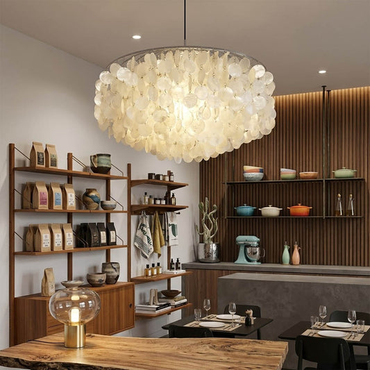 Laguna Gold 39 inch FUN DM tiered shell chandelier grand dining 10 seater coastal mansion Mid Century designer warm glow Hampton lifestyle interior