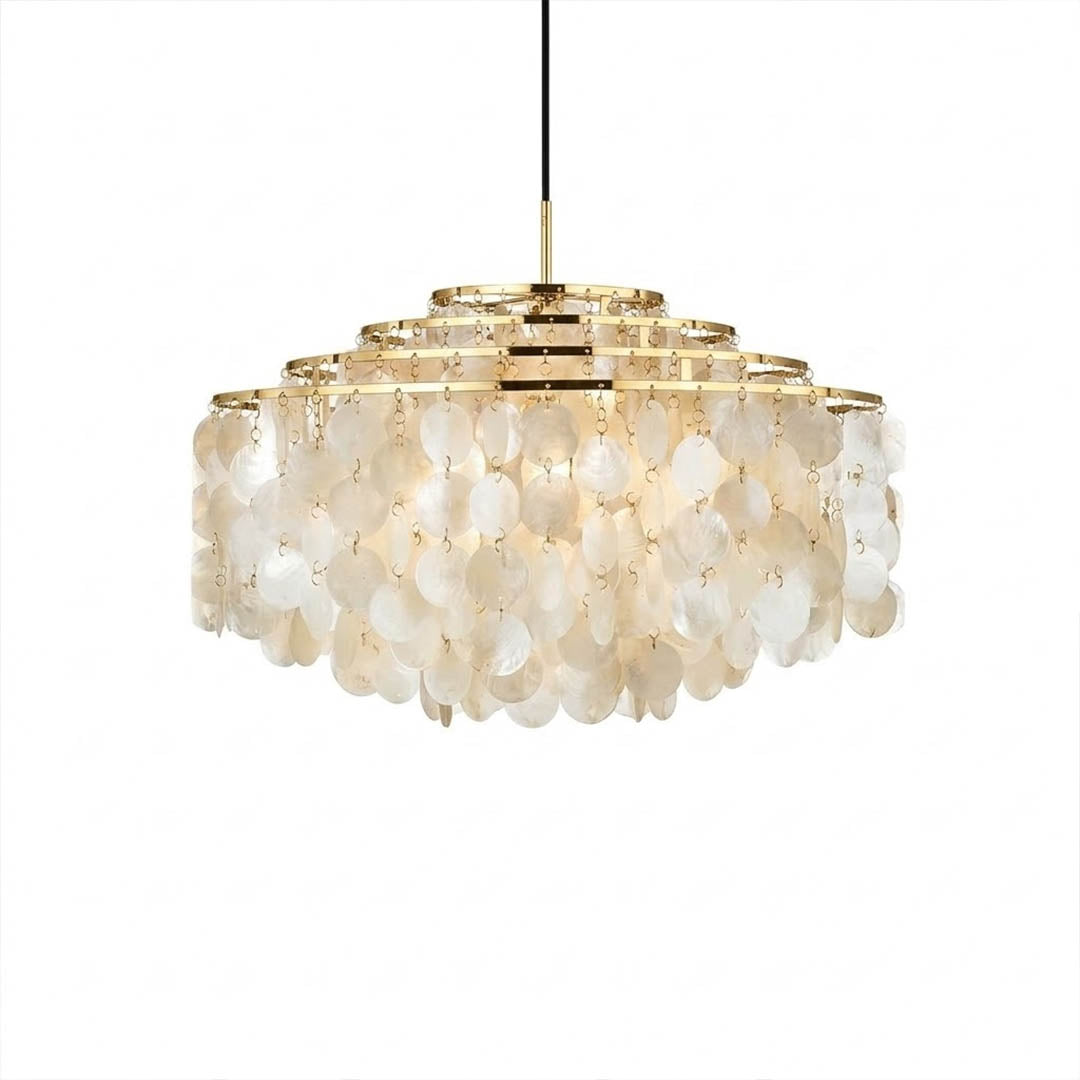 Laguna FUN DM style tiered shell suspension lamp Chrome polished silver 32 inch Mid Century designer Verner Panton Capiz shells multi tier flat horizontal white background