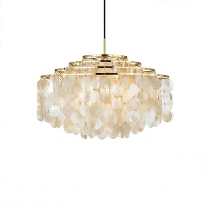 Laguna FUN DM style tiered shell suspension lamp Chrome polished silver 32 inch Mid Century designer Verner Panton Capiz shells multi tier flat horizontal white background