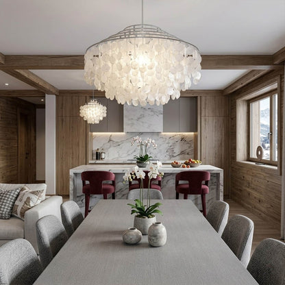 Laguna Gold 39 inch FUN DM tiered shell chandelier grand dining 10 seater coastal mansion Mid Century designer warm glow Hampton lifestyle interior