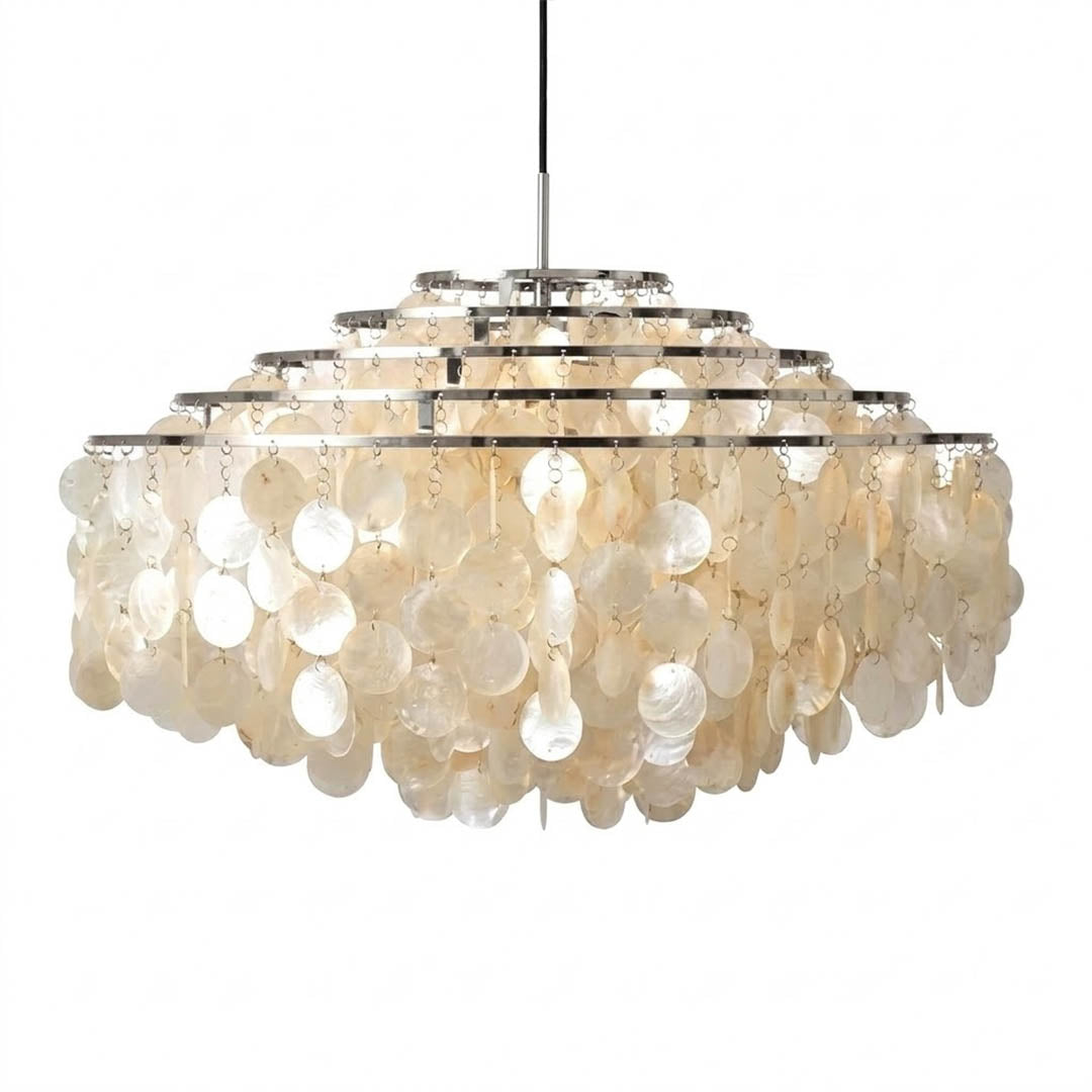 Laguna FUN DM tiered shell suspension Gold 39 inch large statement Mid Century designer Capiz shells flat multi tier white background