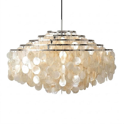 Laguna FUN DM tiered shell suspension Gold 39 inch large statement Mid Century designer Capiz shells flat multi tier white background