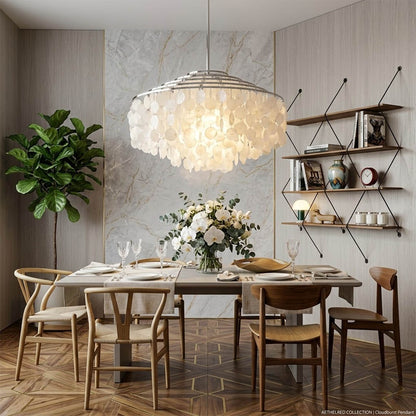 Laguna Gold 32 inch FUN DM tiered shell suspension dining room walnut table Mid Century designer 8 seater warm glow Coastal lifestyle interior