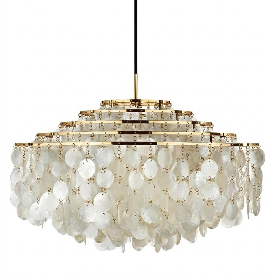 Laguna FUN DM tiered shell chandelier Gold 47 inch grand 6 heads Mid Century designer Capiz shells multi tier statement white background