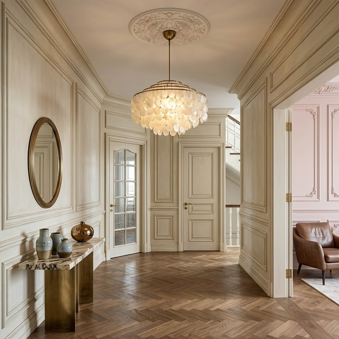 Laguna Gold 47 inch FUN DM tiered shell chandelier grand foyer entryway coastal mansion oceanfront Hampton Mid Century designer warm glow lifestyle interior
