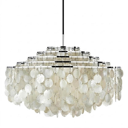 Laguna FUN DM tiered shell pendant Chrome 22 inch small accent Mid Century designer Capiz shells flat tiered white background
