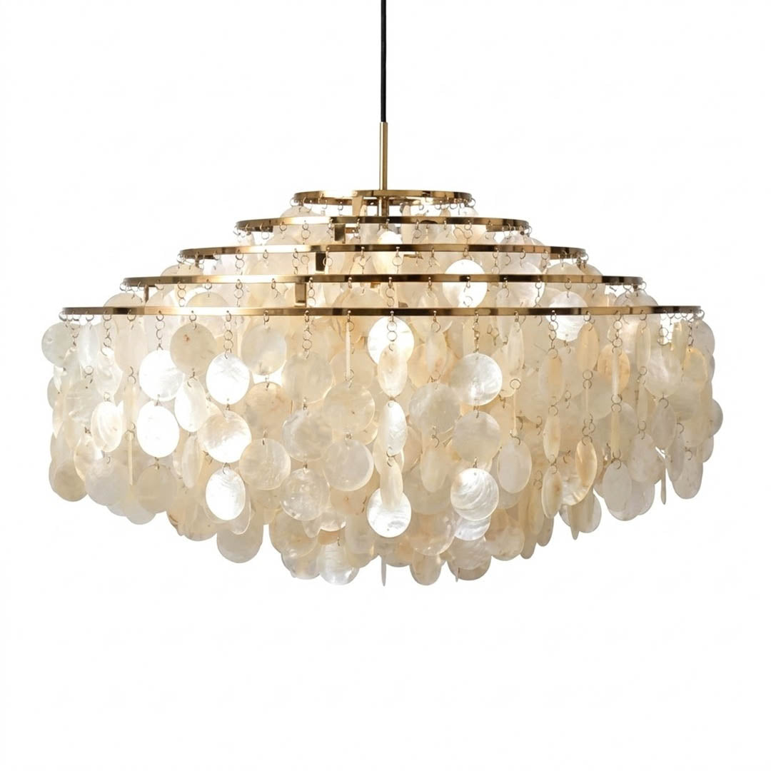 Laguna FUN DM tiered shell pendant Gold 22 inch small accent Mid Century designer Capiz shells flat tiered white background