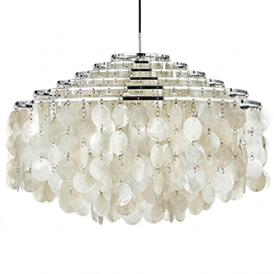 Laguna FUN DM tiered shell chandelier Chrome 47 inch grand 6 heads Mid Century designer Capiz shells multi tier statement white background