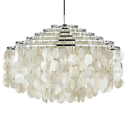 Laguna FUN DM tiered shell chandelier Chrome 47 inch grand 6 heads Mid Century designer Capiz shells multi tier statement white background