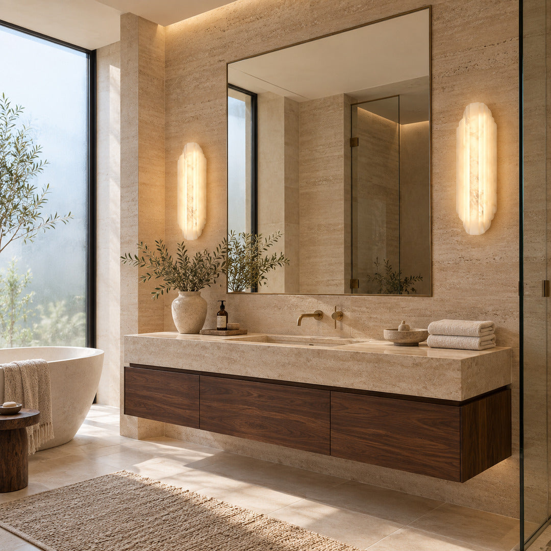 Lamina alabaster wall sconce creating a calm glow in a spa