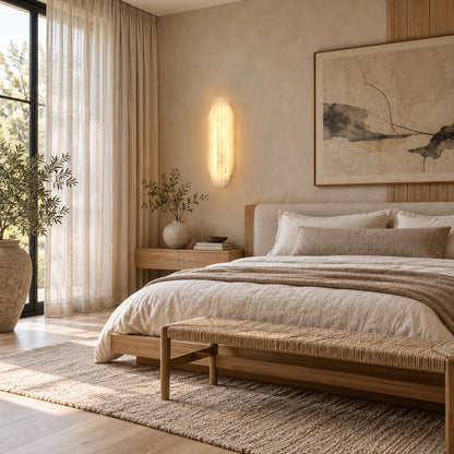 Pair of Lamina alabaster wall sconces flanking a headboard