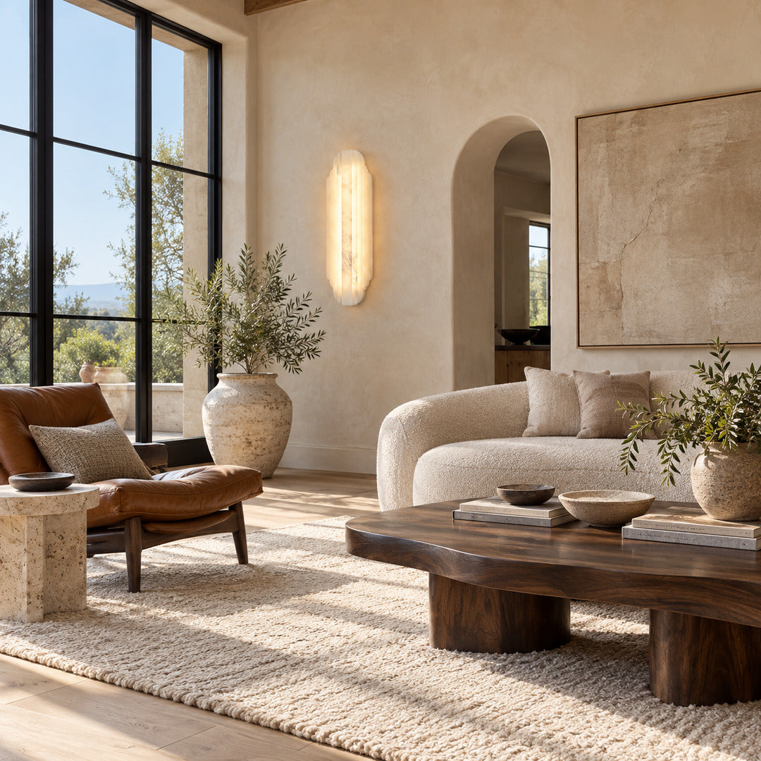 Pair of Lamina alabaster wall sconces above a sofa in a modern living room