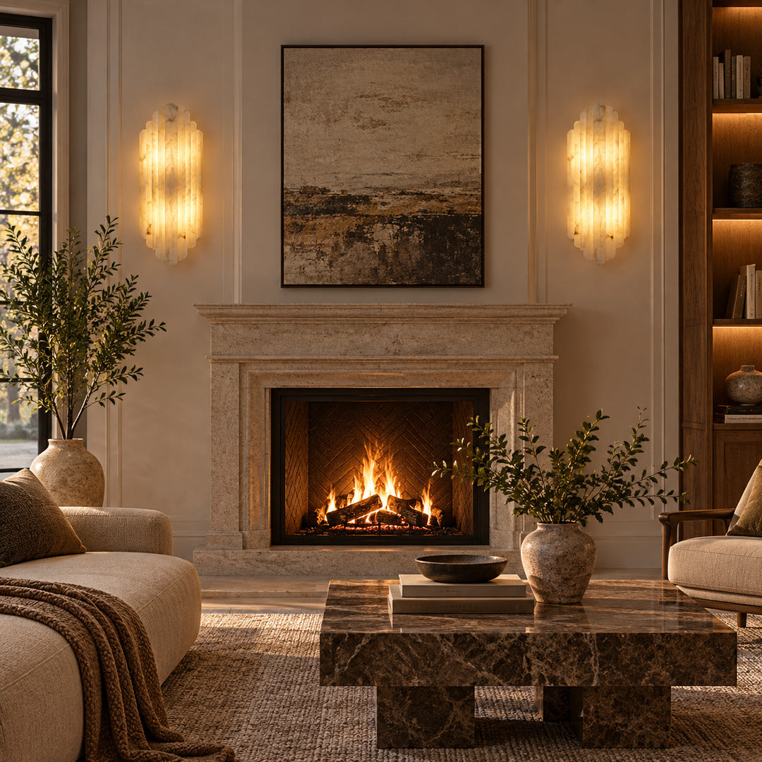 Lamina alabaster wall sconce adding a soft glow to a living room wall