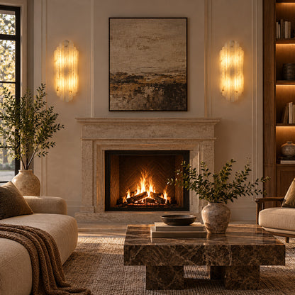 Lamina alabaster wall sconce adding a soft glow to a living room wall