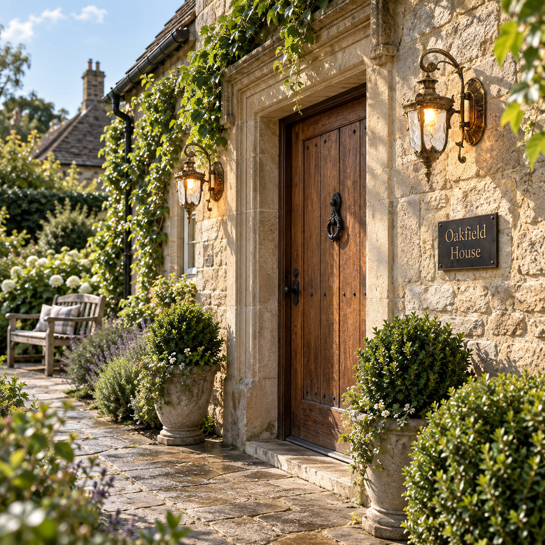 Lanterna outdoor wall sconce lighting a covered front porch with a warm vintage glow