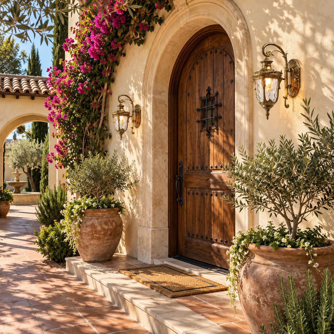 Lanterna outdoor wall sconce lighting a covered front porch with a warm vintage glow