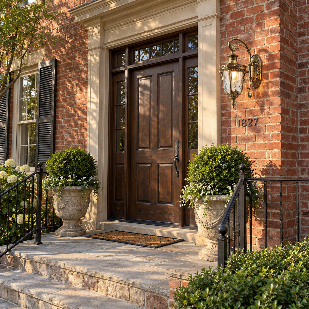 Lanterna outdoor wall sconce lighting a covered front porch with a warm vintage glow
