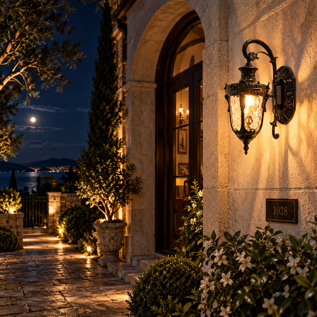 Lanterna outdoor wall sconce lighting a covered front porch with a warm vintage glow