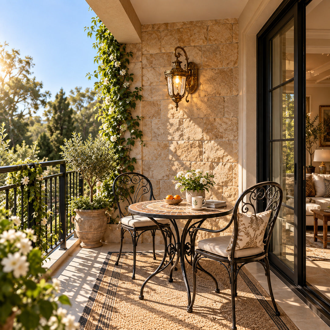 Lanterna outdoor wall sconce adding warm vintage light to a backyard patio wall