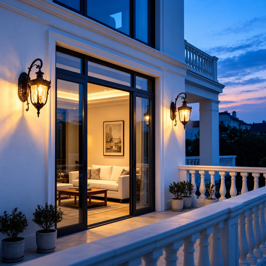 Lanterna outdoor wall sconce adding warm vintage light to a backyard patio wall