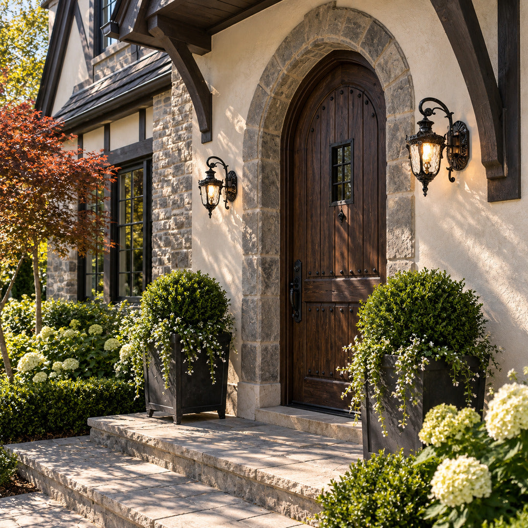 Lanterna outdoor wall sconce lighting a covered front porch with a warm vintage glow