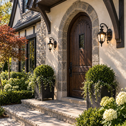 Lanterna outdoor wall sconce lighting a covered front porch with a warm vintage glow