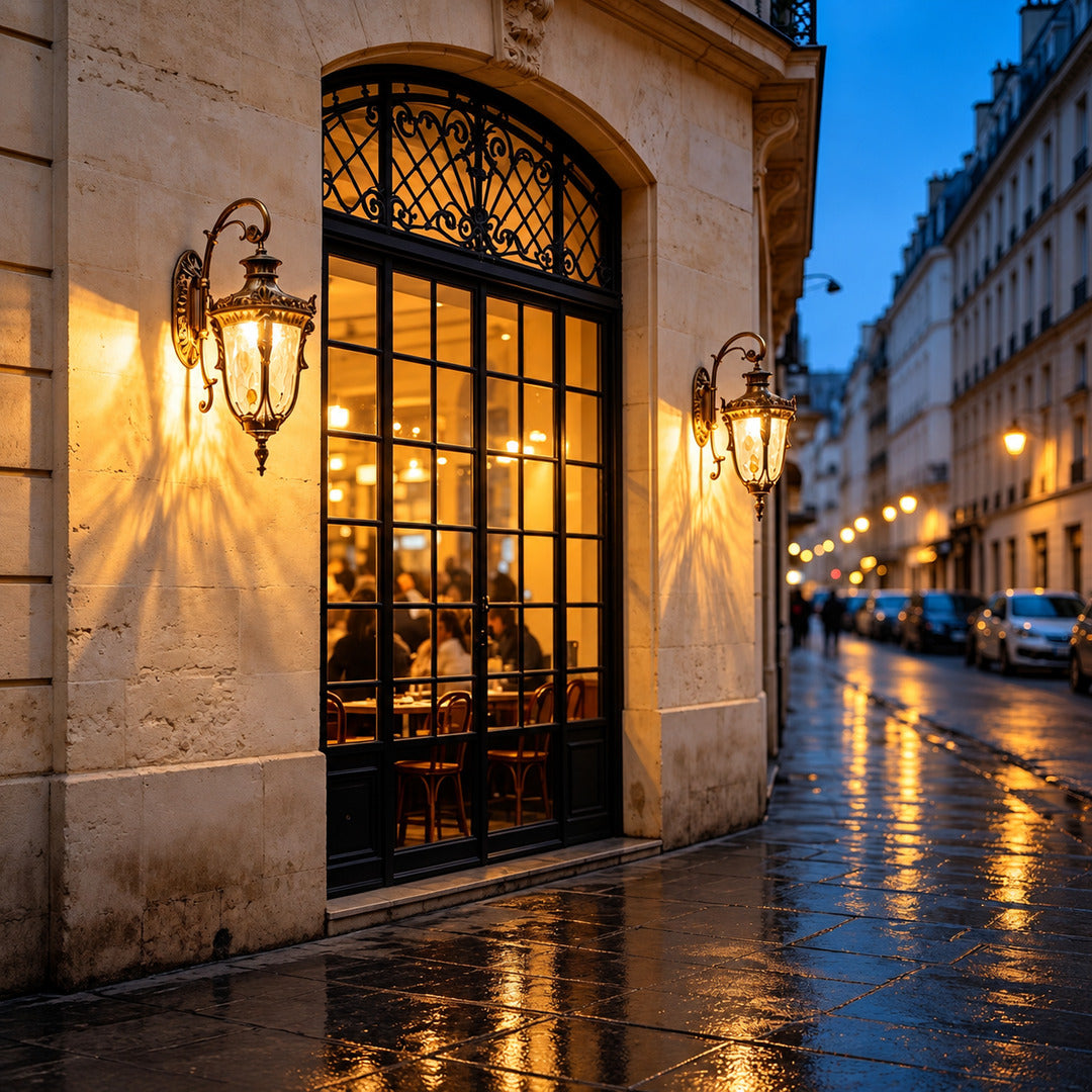 Pair of Lanterna outdoor wall sconces flanking a front door with a warm welcoming glow