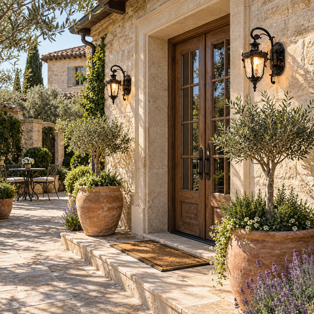 Pair of Lanterna outdoor wall sconces flanking a front door with a warm welcoming glow