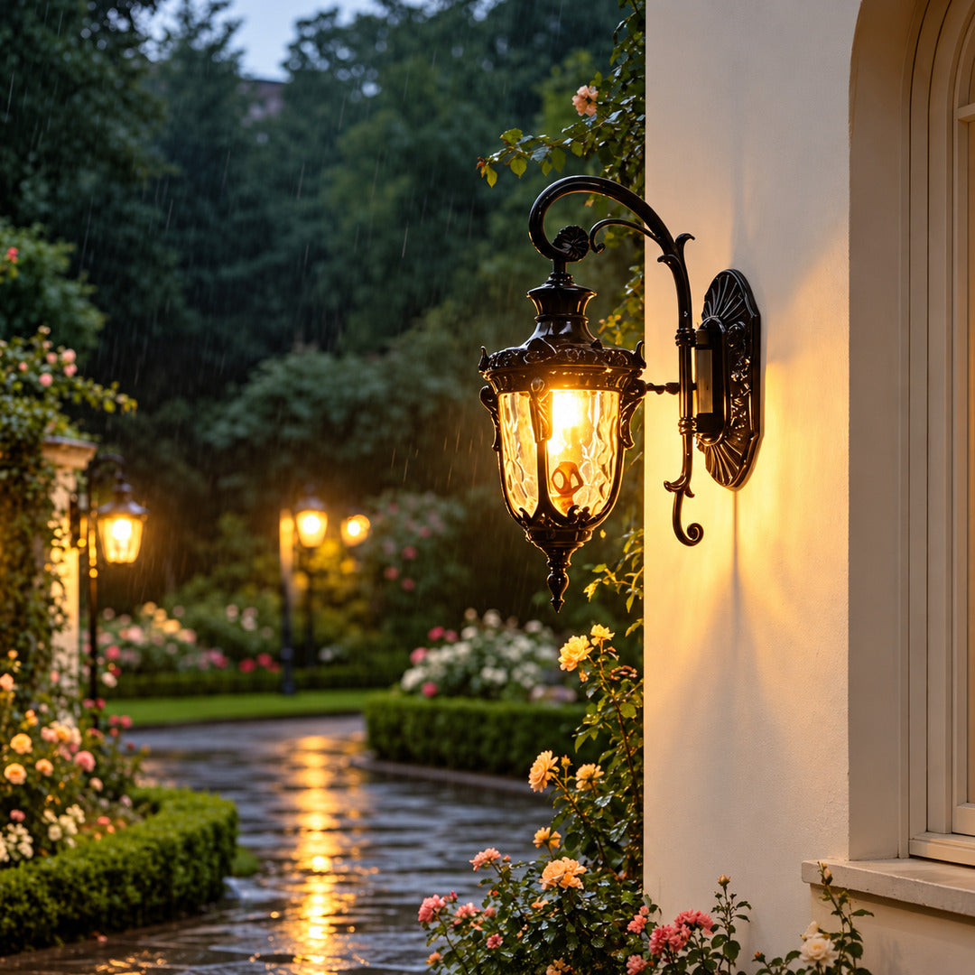 Lanterna outdoor wall sconce mounted on a villa exterior wall as a classic accent
