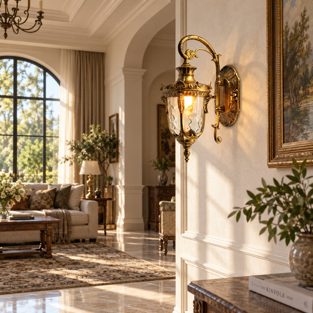 Row of Lanterna outdoor wall sconces lining a covered outdoor corridor with warm light