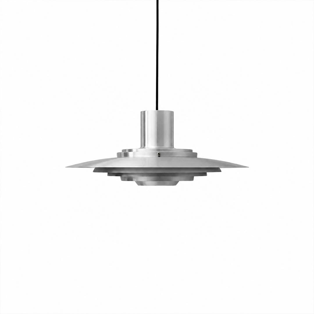 Larkin P376 style aluminum disc pendant light Silver brushed Mid Century Modern designer tribute large 18 inch white background