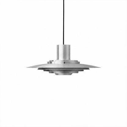 Larkin P376 style aluminum disc pendant light Silver brushed Mid Century Modern designer tribute large 18 inch white background