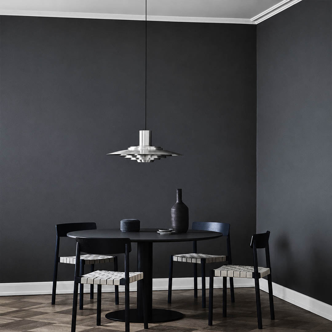 Larkin White P376 style aluminum disc pendant dining room Modern Scandinavian minimalist designer warm glow interior lifestyle