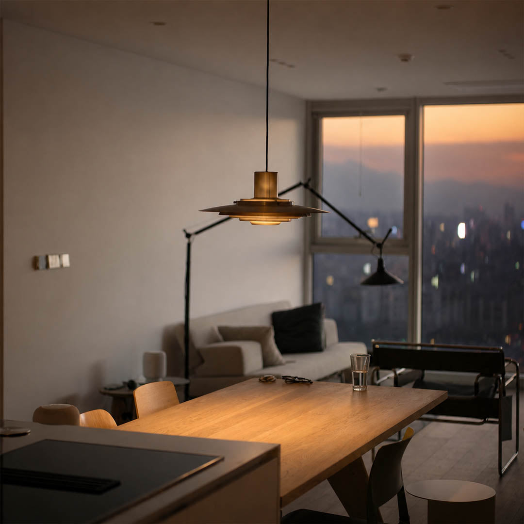Larkin White P376 style aluminum disc pendant dining room Modern Scandinavian minimalist designer warm glow interior lifestyle