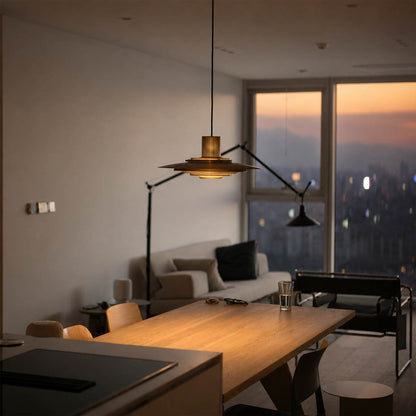 Larkin White P376 style aluminum disc pendant dining room Modern Scandinavian minimalist designer warm glow interior lifestyle