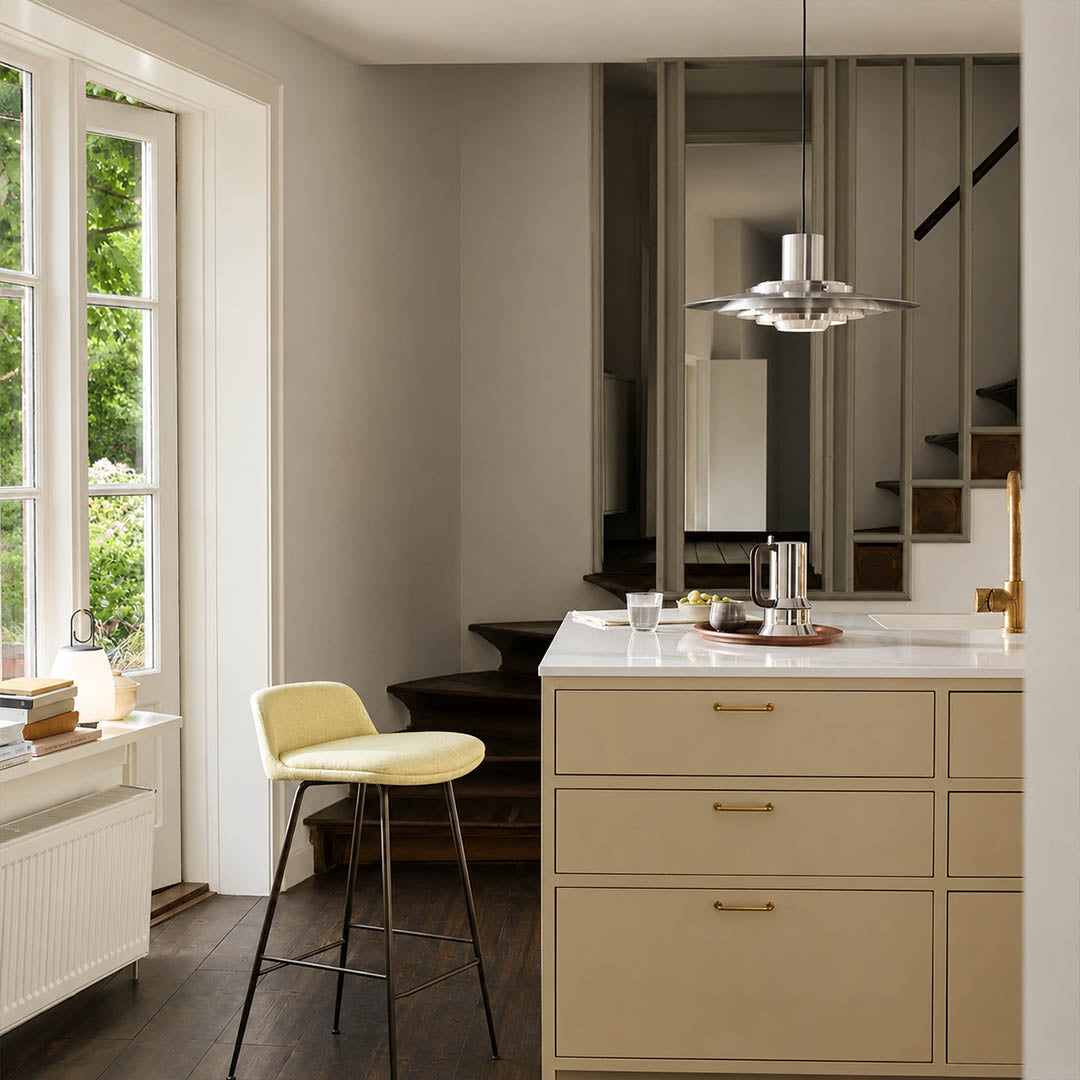 Larkin White P376 style aluminum disc pendant dining room Modern Scandinavian minimalist designer warm glow interior lifestyle