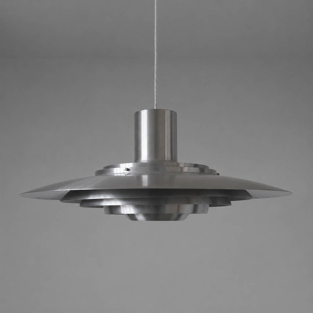 Larkin P376 style aluminum disc pendant light Silver brushed Mid Century Modern designer tribute large 18 inch white background