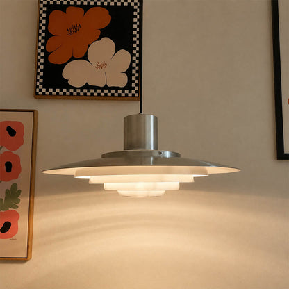 Larkin White P376 style aluminum disc pendant foyer entryway statement Modern Scandinavian designer warm glow welcoming interior lifestyle