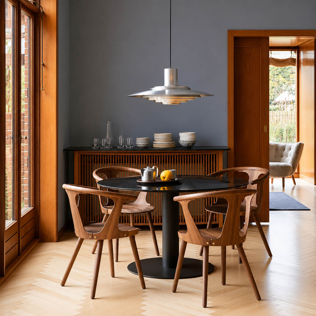 Larkin Silver P376 style aluminum disc pendant kitchen island Mid Century Modern designer large 18 inch warm glow walnut wood interior