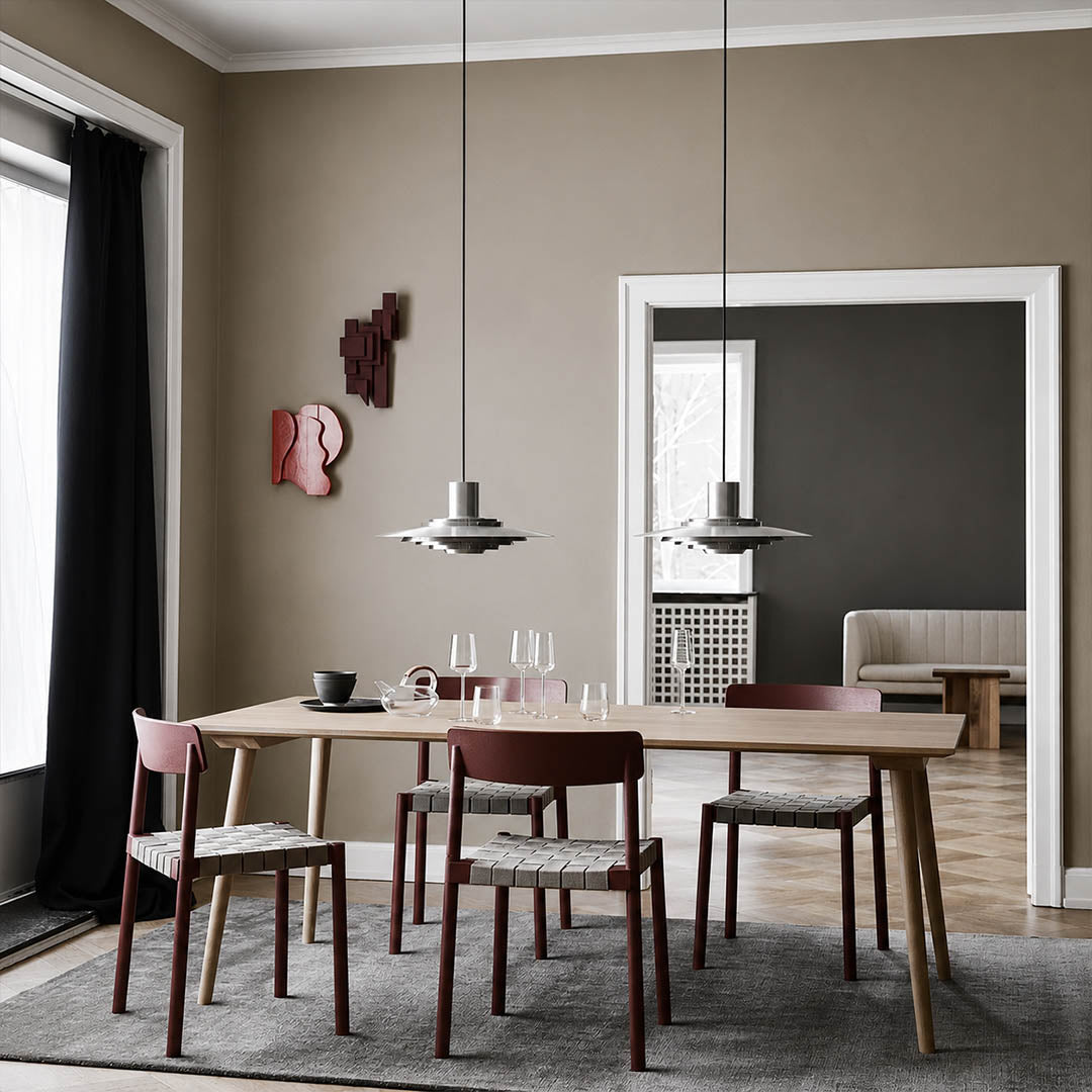 Larkin Silver P376 style aluminum disc pendant kitchen island Mid Century Modern designer large 18 inch warm glow walnut wood interior