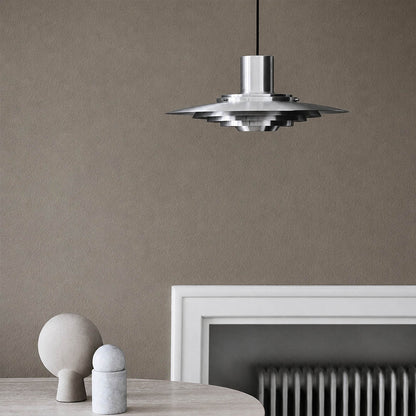 Larkin Silver P376 style aluminum disc pendant living room Mid Century Modern statement piece designer warm glow architectural lifestyle