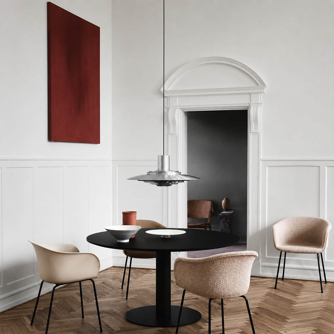 Larkin White P376 style aluminum disc pendant dining room Modern Scandinavian minimalist designer warm glow interior lifestyle