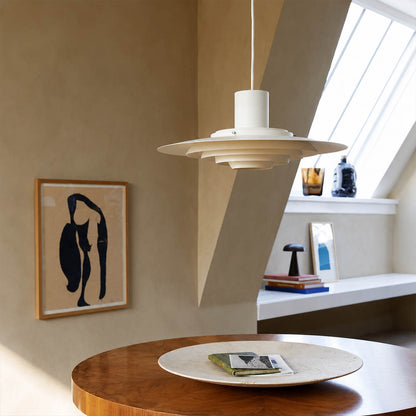 Larkin White P376 style aluminum disc pendant dining room Modern Scandinavian minimalist designer warm glow interior lifestyle