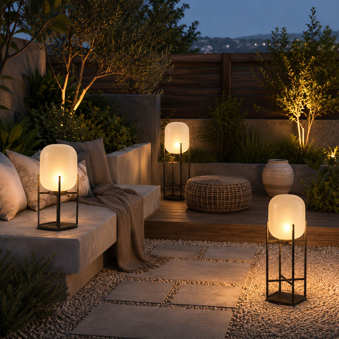 Larsen solar outdoor lantern garden flower bed plants evening modern Scandinavian Cottagecore sustainable green lifestyle