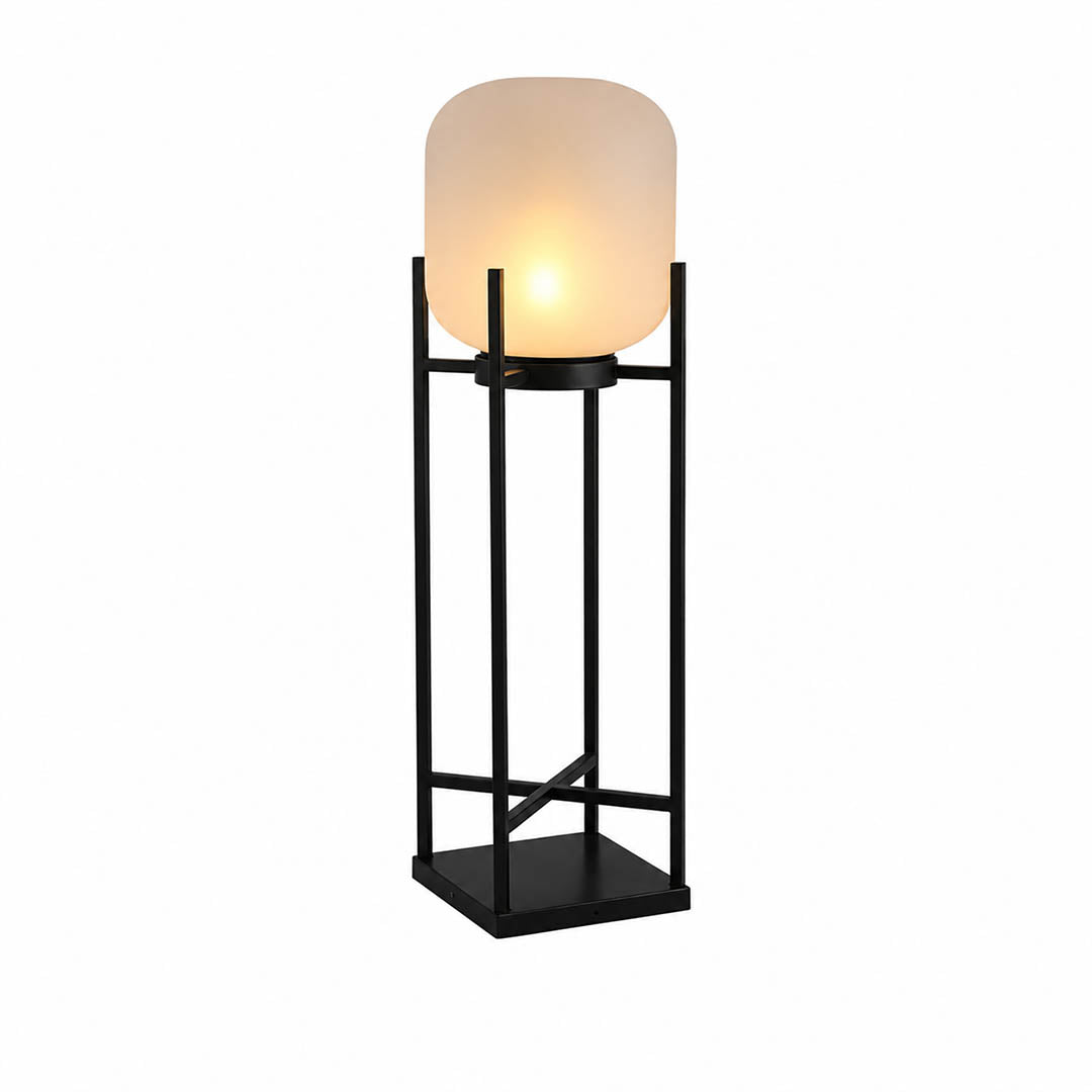 Larsen outdoor lantern floor lamp Black 30 inch tall modern Scandinavian stainless steel pathway garden patio white background