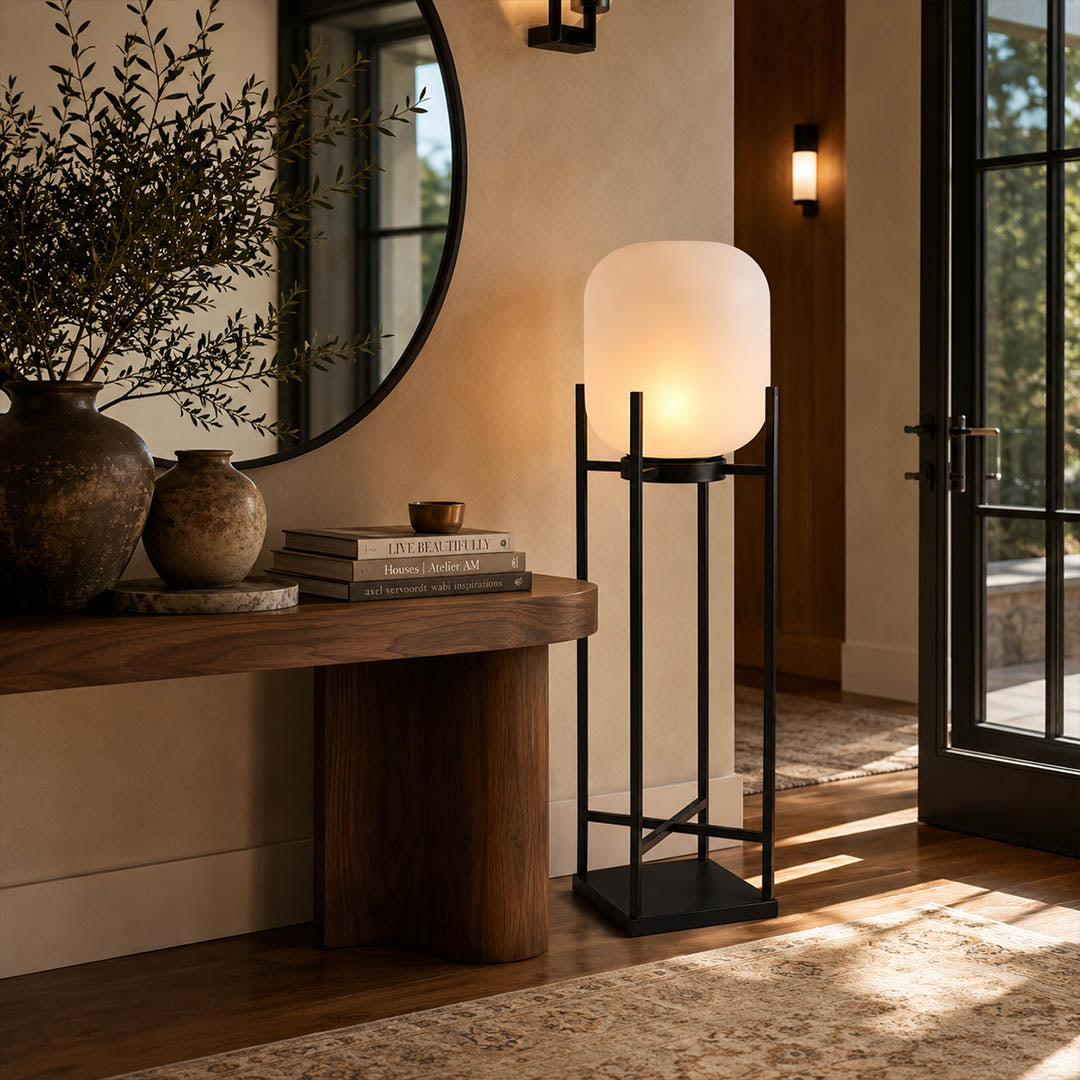 Larsen Black outdoor lantern front porch entryway welcoming evening modern Scandinavian warm glow home approach lifestyle